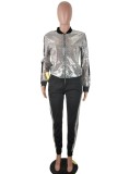 Spring Casual Silver Sequins Patch Zipper Up Long Sleeve Two Piece Tracksuit