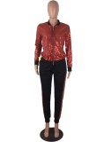 Spring Casual Red Sequins Patch Zipper Up Long Sleeve Two Piece Tracksuit