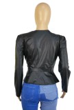 Spring Sexy Black Wrap V Neck Ruffled Faux Pu Leather Jacket