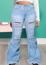 Spring Sexy Plus Size Light Blue High Waist Ripped Holes Fringe Flare Jeans