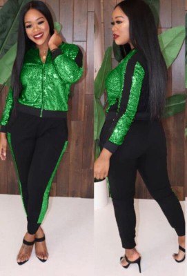 Spring Casual Green Sequins Patch Zipper Up Long Sleeve Two Piece Tracksuit