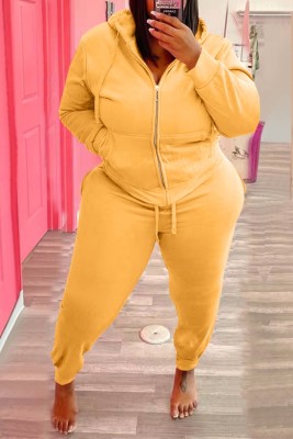 Winter Casual Plus Size Yellow Beaded Mounth Long Sleeve Hoodies And Sweatpants Two Piece Wholesale Jogger Suit