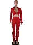 Spring Sexy Red V Neck Long Sleeve Crop Blouse And High Waist Ruched Pants Wholesale Womens 2 Piece Sets