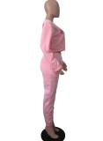Winter Casual Letter Printed Pink Rouned Neck Long Sleeve Sweatshirt And Sweatpants Two Piece Wholesale Sportswear