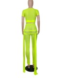 Spring Sexy Green Mesh Lace Up Crop Short Sleeve Top And Skinny Pants Wholesale 2 Piece Sets