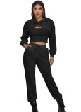 Spring Sportswear Vendors Black Crop Tank Long Sleeve Hoody Cape Top And Sweatpants 3 Pcs Set