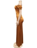 Spring Elegant Light Brown Off Shoulder Short Sleeve Slit Mermaid Evening Dress