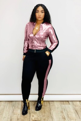 Spring Casual Pink Sequins Patch Zipper Up Long Sleeve Two Piece Tracksuit