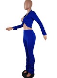 Spring Sexy Blue V Neck Long Sleeve Crop Blouse And High Waist Ruched Pants Wholesale Womens 2 Piece Sets
