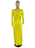 Spring Sexy Yellow Round Neck Front Cross Long Sleeve Irregular Long Top And Match Skinny Pants Wholesale Two Piece Sets
