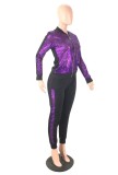 Spring Casual Purple Sequins Patch Zipper Up Long Sleeve Two Piece Tracksuit