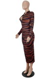 Spring Sexy Brown Stripes Printed Zip Up Full Sleeve Long Dress
