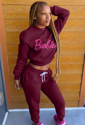 Winter Casual Letter Printed Wine Red Rouned Neck Long Sleeve Sweatshirt And Sweatpants Two Piece Wholesale Sportswear