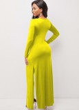 Spring Sexy Yellow Round Neck Front Cross Long Sleeve Irregular Long Top And Match Skinny Pants Wholesale Two Piece Sets