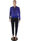 Spring Casual Blue Sequins Patch Zipper Up Long Sleeve Two Piece Tracksuit