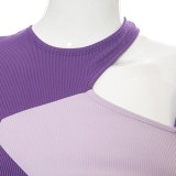 Spring Sexy Purple Contrast Round Neck Hollow Out Cropped Long Sleeve Top