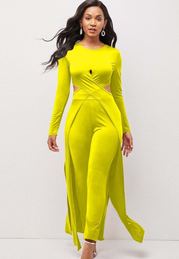 Spring Sexy Yellow Round Neck Front Cross Long Sleeve Irregular Long Top And Match Skinny Pants Wholesale Two Piece Sets