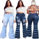 Spring Sexy Plus Size Light Blue High Waist Ripped Holes Layered Fringe Flare Jeans