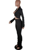 Spring Sexy Black V Neck Long Sleeve Crop Blouse And High Waist Ruched Pants Wholesale Womens 2 Piece Sets