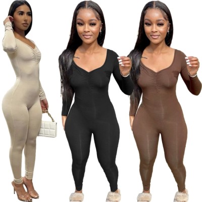 Spring Sexy Beige Ruched V Neck Long Sleeve Skinny Jumpsuit