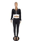 Spring Sexy Black Contrast Ruched Long Sleeve Zip Up Crop Top And Match Pants Cheap Wholesale Two Piece Sets