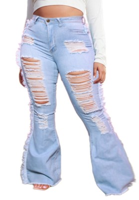 Spring Sexy Plus Size Light Blue High Waist Ripped Holes Fringe Tassels Flare Jeans