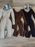 Spring Sexy Brown Ruched V Neck Long Sleeve Skinny Jumpsuit