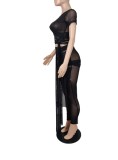 Spring Sexy Black Mesh Lace Up Crop Short Sleeve Top And Skinny Pants Wholesale 2 Piece Sets
