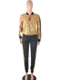 Spring Casual Golden Sequins Patch Zipper Up Long Sleeve Two Piece Tracksuit