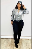 Spring Casual Silver Sequins Patch Zipper Up Long Sleeve Two Piece Tracksuit