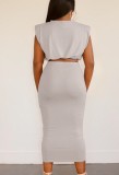 Spring Sexy Gray Round Neck Cape Short Sleeve Crop Top And Pencil Skirt Wholesale 2 Piece Sets