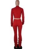 Spring Sexy Red V Neck Long Sleeve Crop Blouse And High Waist Ruched Pants Wholesale Womens 2 Piece Sets