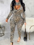 Spring Sexy Leopard Straps Skinny Jumpsuit And Long Sleeve Hoody Cape Top