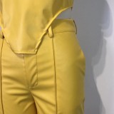 Spring Sexy Yellow Halter Faux Pu Leather Irregular Tank And Match Pants Wholesale Two Piece Sets