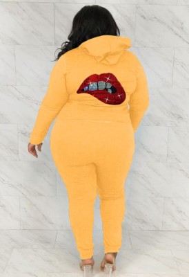 Winter Casual Plus Size Yellow Beaded Mounth Long Sleeve Hoodies And Sweatpants Two Piece Wholesale Jogger Suit