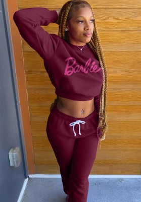 Winter Casual Letter Printed Wine Red Rouned Neck Long Sleeve Sweatshirt And Sweatpants Two Piece Wholesale Sportswear