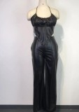 Spring Sexy Black Halter Faux Pu Leather Irregular Tank And Match Pants Wholesale Two Piece Sets