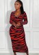 Spring Sexy Red Stripes Printed Zip Up Full Sleeve Long Dress