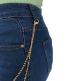 Spring Sexy Plsu Size Dark Blue Low Waist Ripped Hole Chain Jeans