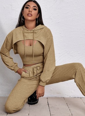 Spring Sportswear Vendors Khaki Crop Tank Long Sleeve Hoody Cape Top And Sweatpants 3 Pcs Set