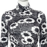 Winter Casual Flower Printed Midi Neck Long Sleeve Tight Top And Skinny Pants Wholesale 2 Piece Sets