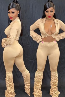 Spring Sexy Khaki V Neck Long Sleeve Crop Blouse And High Waist Ruched Pants Wholesale Womens 2 Piece Sets