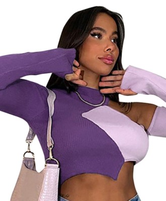 Spring Sexy Purple Contrast Round Neck Hollow Out Cropped Long Sleeve Top