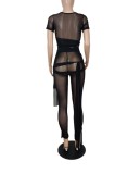 Spring Sexy Black Mesh Lace Up Crop Short Sleeve Top And Skinny Pants Wholesale 2 Piece Sets