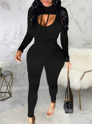 Spring Sexy Black Straps Skinny Jumpsuit And Long Sleeve Hoody Cape Top Wholesale Womens 2 Piece Sets