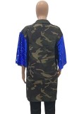 Spring Blue Sequins Half Sleeve Mouth Printed Loose Camous Long Blouse