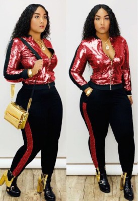 Spring Casual Red Sequins Patch Zipper Up Long Sleeve Two Piece Tracksuit