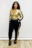 Spring Casual Golden Sequins Patch Zipper Up Long Sleeve Two Piece Tracksuit
