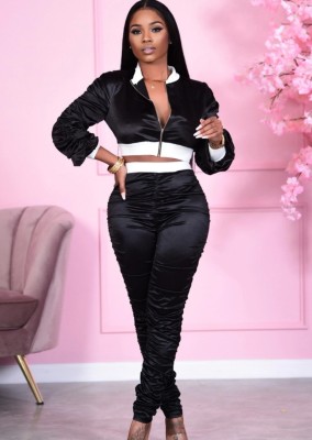 Spring Sexy Black Contrast Ruched Long Sleeve Zip Up Crop Top And Match Pants Cheap Wholesale Two Piece Sets