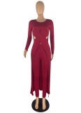 Spring Sexy Wine Red Round Neck Front Cross Long Sleeve Irregular Long Top And Match Skinny Pants Wholesale Two Piece Sets